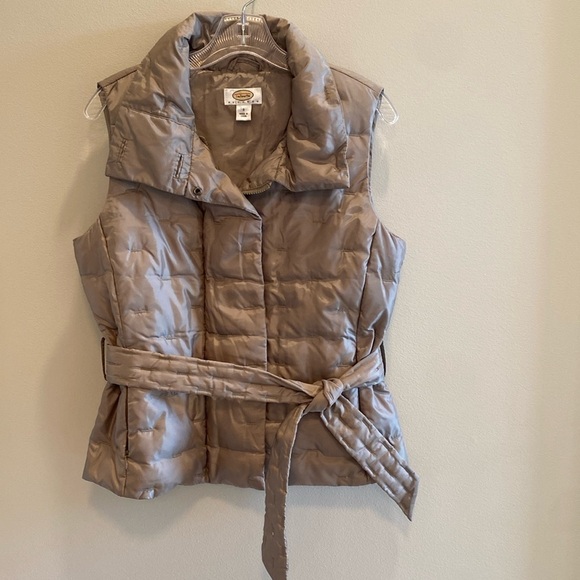 Talbots Jackets & Blazers - Talbots Vtg Goose Down Feather Quilted Belted Vest Funnel Neck Pale Gold SP